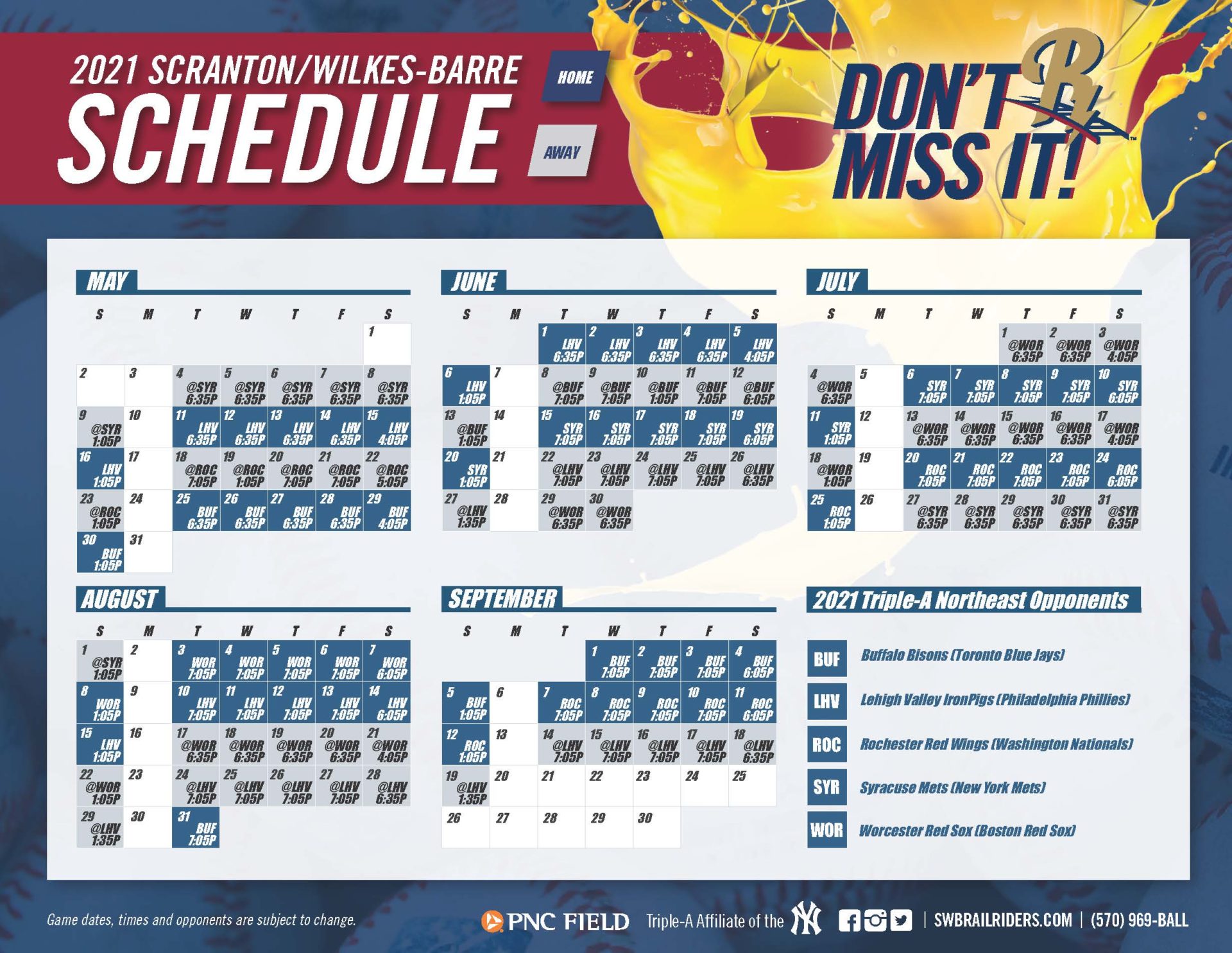 Scranton/WilkesBarre RailRiders Announces 2021 Game Times Scranton