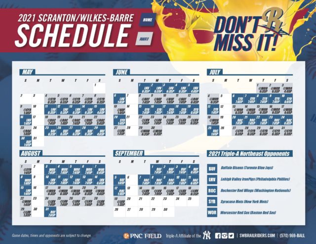 Scranton/Wilkes-Barre RailRiders Announces 2021 Game Times - Scranton